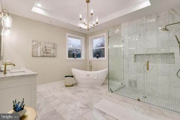 Bathroom, Dual Sink Vanities, Free Standing Baths, Glass Shower, Interior, Marble, Marble Walls, Pendant Lights, Recessed Lighting