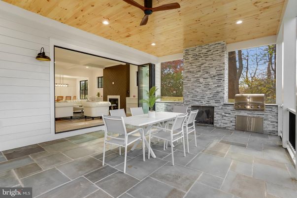 Dining room, Fireplace, Interior, Recessed Lighting, Stone Walls, Wooden Ceilings