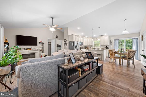 Dining room, Fireplace, Interior, Kitchen, Living room, Pendant Lights, Recessed Lighting, Stainless Steel Appliances, Wood Texture Flooring