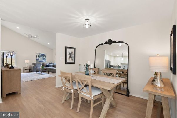 Dining room, Interior, Living room, Recessed Lighting, Wood Texture Flooring