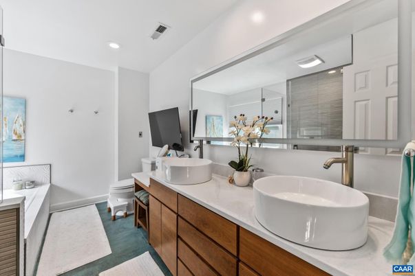 Bathroom, Dual Sink Vanities, Glass Shower, Interior, Recessed Lighting