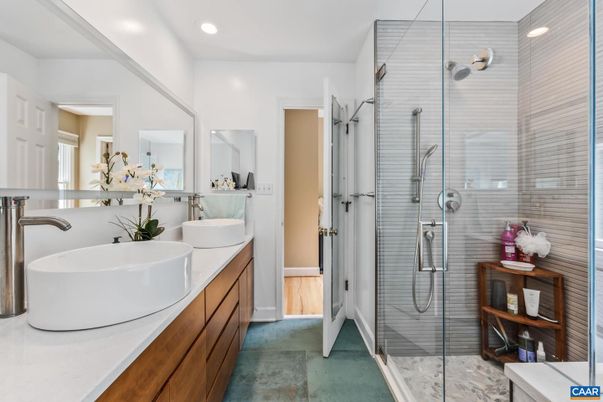 Bathroom, Dual Sink Vanities, Glass Shower, Interior, Recessed Lighting