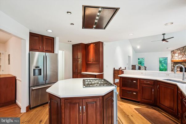 Interior, Kitchen, Recessed Lighting, Stone Walls, Wood Texture Flooring