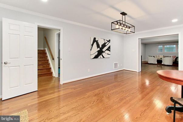 Dining room, Interior, Pendant Lights, Recessed Lighting, Wood Texture Flooring