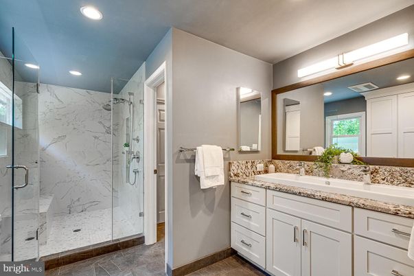Bathroom, Glass Shower, Interior, Marble Walls, Recessed Lighting