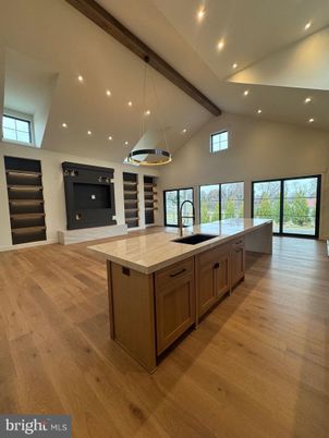 Interior, Kitchen, Pendant Lights, Recessed Lighting, Wooden Beams, Wood Texture Flooring