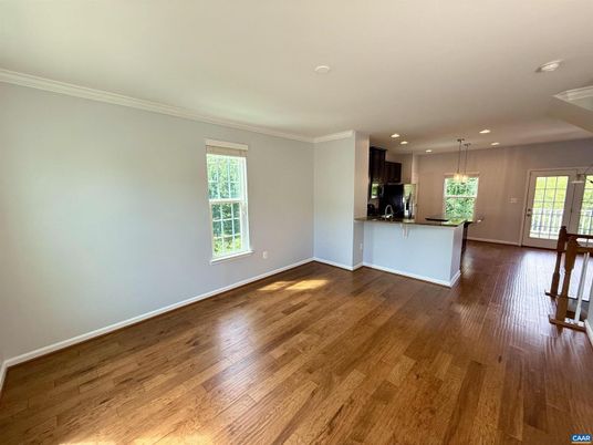 Empty room, Interior, Kitchen, Pendant Lights, Recessed Lighting, Wood Texture Flooring