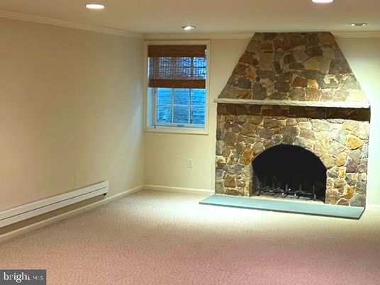 Empty room, Fireplace, Interior, Recessed Lighting, Stone Walls