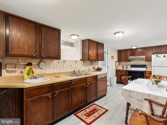 Interior, Kitchen, Tile Countertops, Wood Texture Flooring