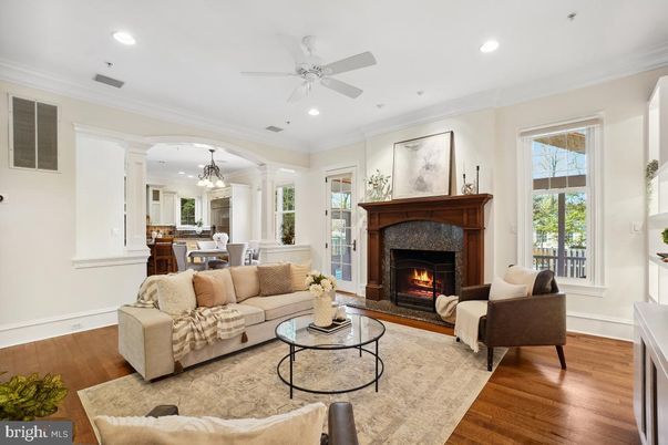 Chandelier, Dining room, Fireplace, Interior, Living room, Recessed Lighting, Wood Texture Flooring