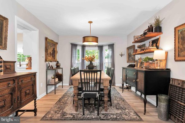 Dining room, Interior, Pendant Lights, Wood Texture Flooring