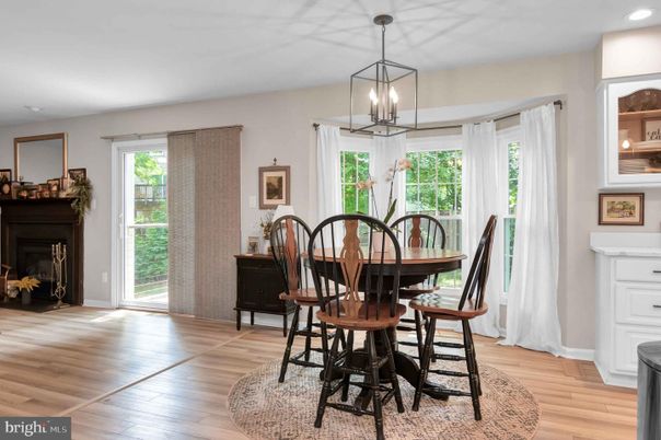 Dining room, Interior, Pendant Lights, Recessed Lighting, Wood Texture Flooring