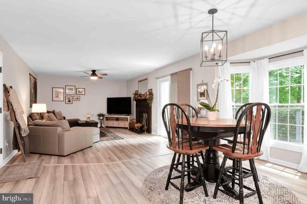 Dining room, Interior, Living room, Pendant Lights, Wood Texture Flooring