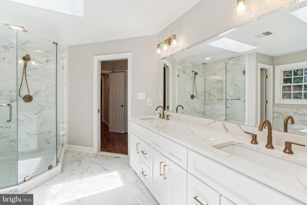 Bathroom, Dual Sink Vanities, Glass Shower, Interior, Marble, Marble Walls