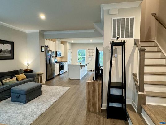Interior, Kitchen, Living room, Recessed Lighting, Stainless Steel Appliances, Wood Texture Flooring