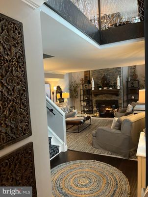 Fireplace, Interior, Living room, Stone Walls, Wood Texture Flooring