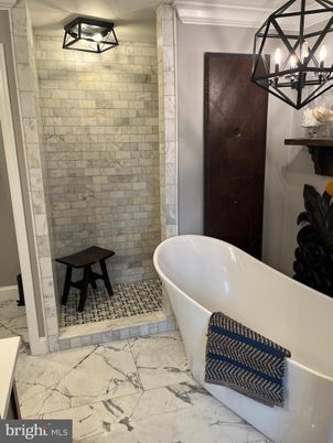 Bathroom, Free Standing Baths, Interior, Marble, Pendant Lights, Stone Walls