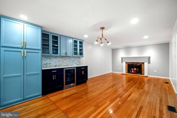 Empty room, Fireplace, Interior, Pendant Lights, Recessed Lighting, Wood Texture Flooring