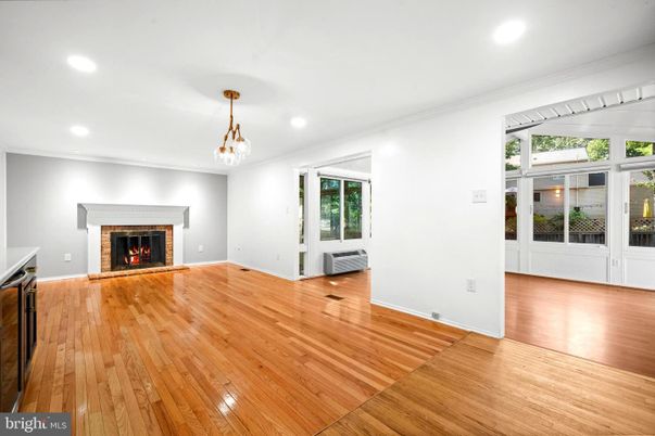 Empty room, Fireplace, Interior, Pendant Lights, Recessed Lighting, Wood Texture Flooring