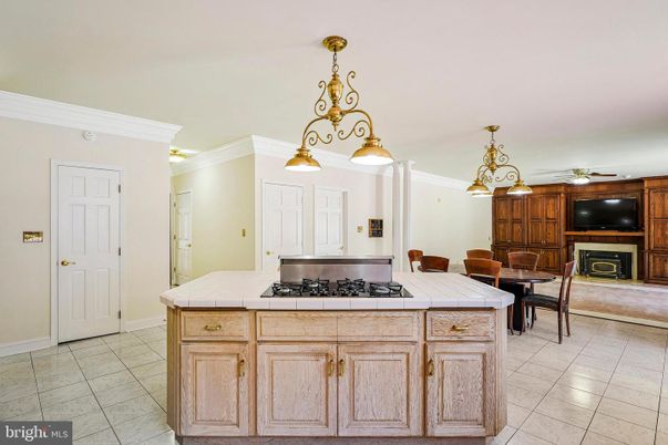 Dining room, Fireplace, Interior, Kitchen, Pendant Lights, Tile Countertops