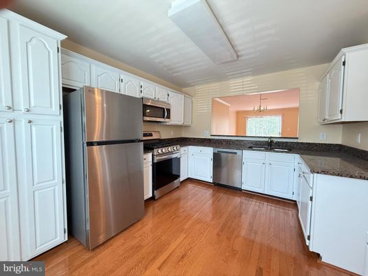Chandelier, Interior, Kitchen, Pendant Lights, Stainless Steel Appliances, Wood Texture Flooring