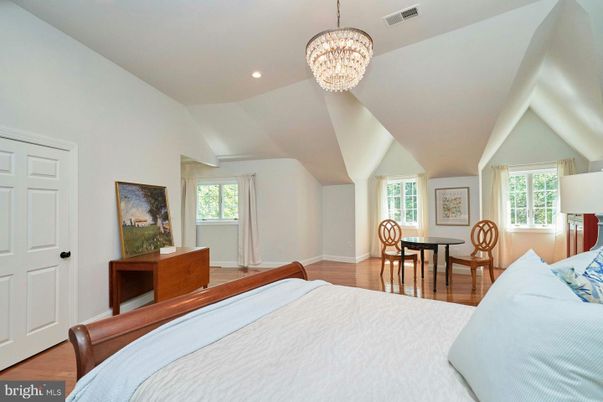 Bedroom, Chandelier, Interior, Recessed Lighting, Wood Texture Flooring
