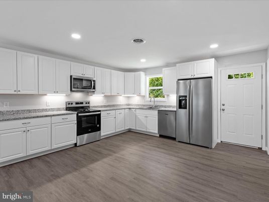 Interior, Kitchen, Recessed Lighting, Stainless Steel Appliances, Wood Texture Flooring