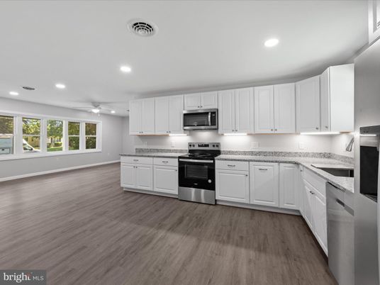 Interior, Kitchen, Recessed Lighting, Stainless Steel Appliances, Wood Texture Flooring
