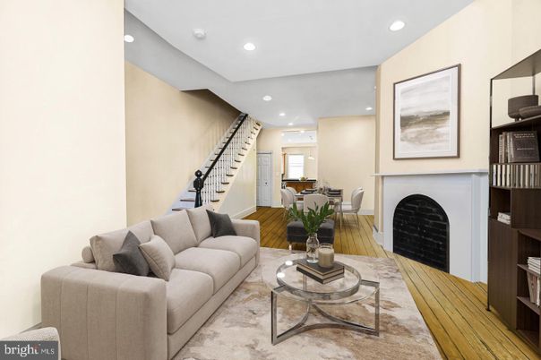 Dining room, Fireplace, Interior, Living room, Recessed Lighting, Wood Texture Flooring