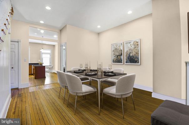 Dining room, Interior, Pendant Lights, Recessed Lighting, Wood Texture Flooring