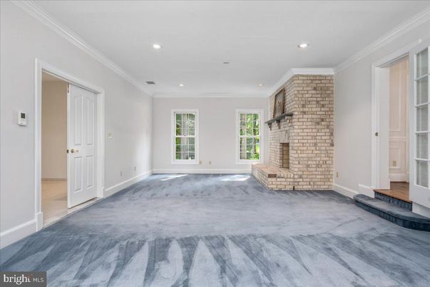 Empty room, Fireplace, Interior, Recessed Lighting, Stone Walls