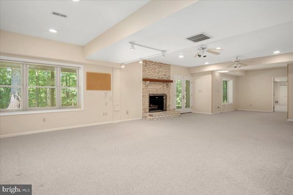 Empty room, Fireplace, Interior, Recessed Lighting, Stone Walls