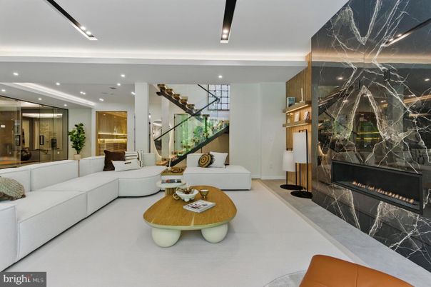 Fireplace, Interior, Living room, Marble Walls, Recessed Lighting