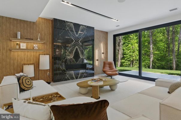 Fireplace, Interior, Living room, Marble Walls, Recessed Lighting, Wooden Walls