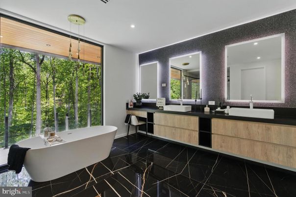 Bathroom, Dual Sink Vanities, Free Standing Baths, Interior, Marble, Pendant Lights, Recessed Lighting