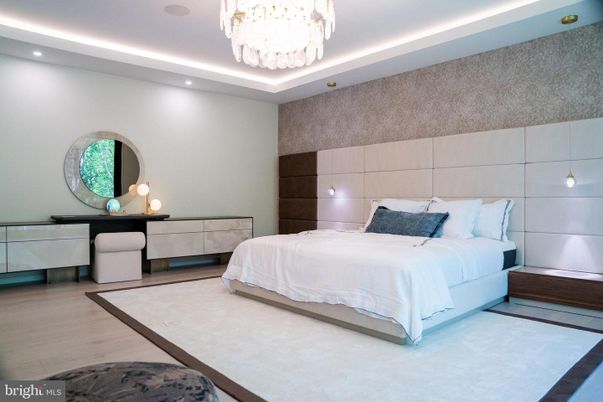 Bedroom, Chandelier, Interior, Recessed Lighting, Wood Texture Flooring