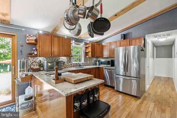 Interior, Kitchen, Stainless Steel Appliances, Wooden Beams, Wood Texture Flooring