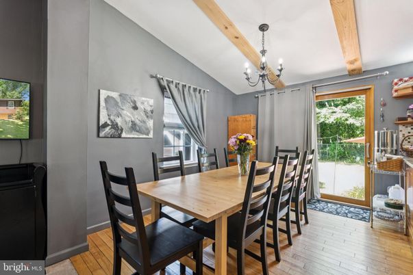 Chandelier, Dining room, Interior, Wooden Beams, Wood Texture Flooring