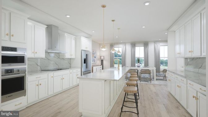 Interior, Kitchen, Marble Walls, Pendant Lights, Recessed Lighting, Stainless Steel Appliances, Wood Texture Flooring