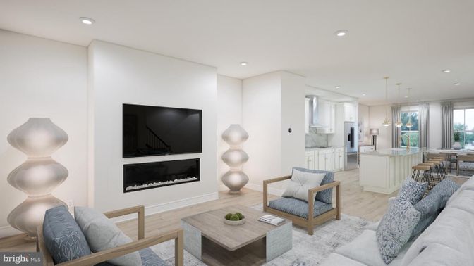Dining room, Fireplace, Interior, Kitchen, Living room, Pendant Lights, Recessed Lighting, Wood Texture Flooring