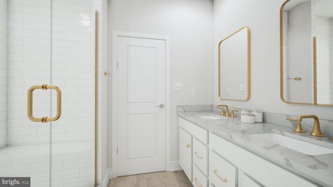Bathroom, Dual Sink Vanities, Glass Shower, Interior, Wood Texture Flooring