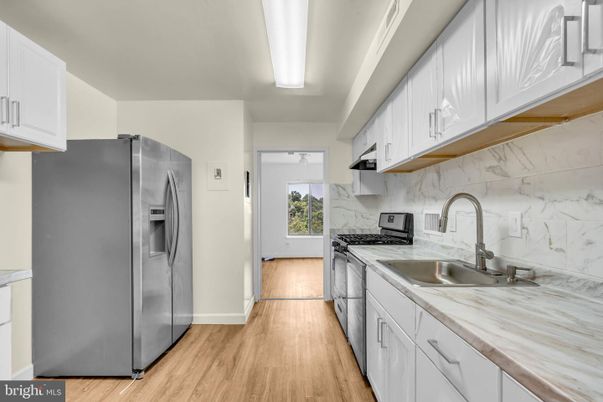 Interior, Kitchen, Marble Walls, Wood Texture Flooring