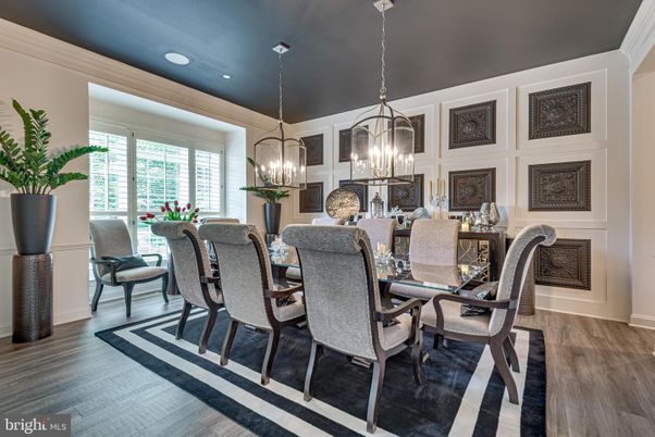 Dining room, Interior, Pendant Lights, Recessed Lighting, Wood Texture Flooring