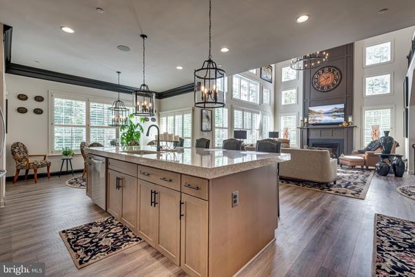 Fireplace, Interior, Kitchen, Living room, Pendant Lights, Recessed Lighting, Wood Texture Flooring