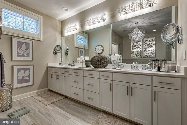 Bathroom, Dual Sink Vanities, Interior, Recessed Lighting, Wood Texture Flooring