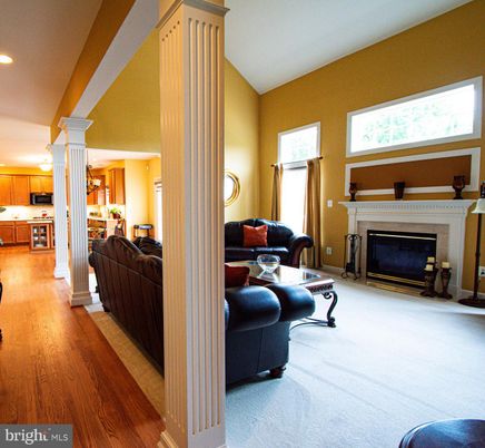 Fireplace, Interior, Kitchen, Living room, Recessed Lighting, Wood Texture Flooring