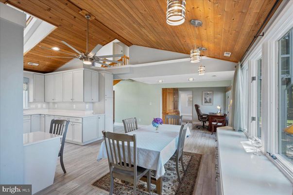 Dining room, Interior, Pendant Lights, Recessed Lighting, Wooden Ceilings, Wood Texture Flooring
