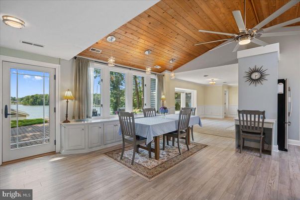 Dining room, Interior, Recessed Lighting, Water, Wooden Ceilings, Wood Texture Flooring