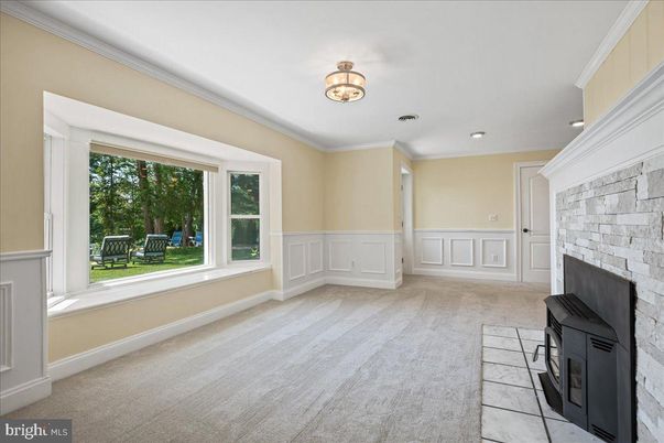 Empty room, Fireplace, Interior, Recessed Lighting, Stone Walls
