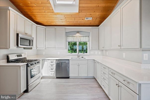 Interior, Kitchen, Pendant Lights, Stainless Steel Appliances, Wooden Ceilings, Wood Texture Flooring